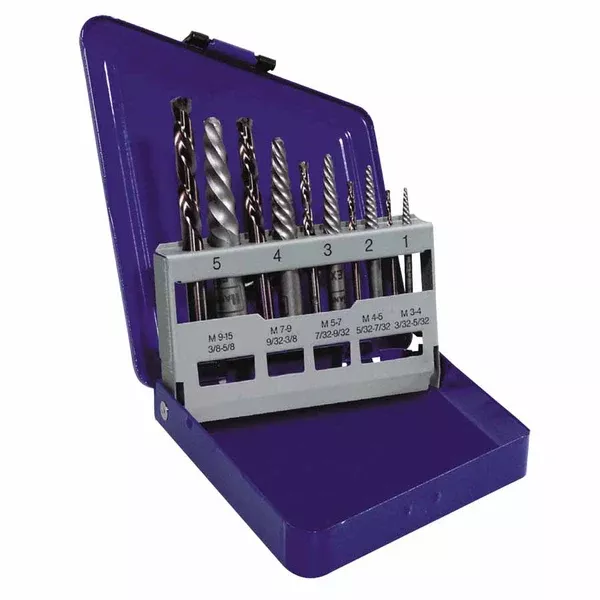 10-pc Spiral Extractor and Drill Bit Combo Pack, 5/64 in, 7/64 in, 5/32 in, 1/4 in, 19/64 in, Metal Index Box 585-11119