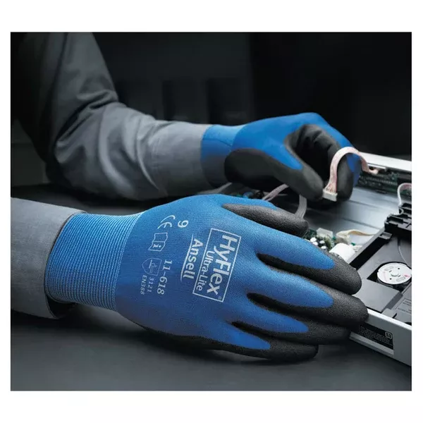 11-618 Polyurethane Palm Coated Gloves, Size 9, Black/Dark Blue 012-11-618-9