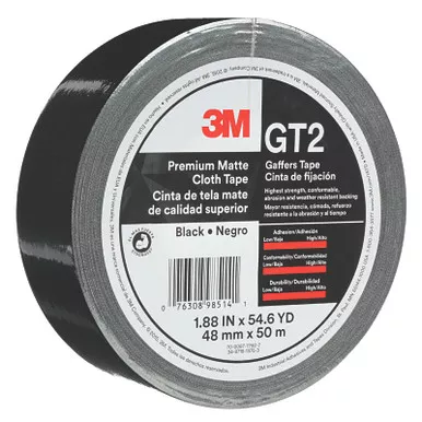3M 7010336132 GT2 Matte Cloth Gaffers Tape, 1.88 in x 54.68 yd, 11 mil, Black