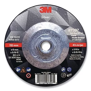 3M 7010362237 Silver Depressed Center Grinding Wheel, 4-1/2 in dia, 1/4 in, 5/8 in-11 Arbor Thread, 36 Grit, Precision Shaped Ceramic