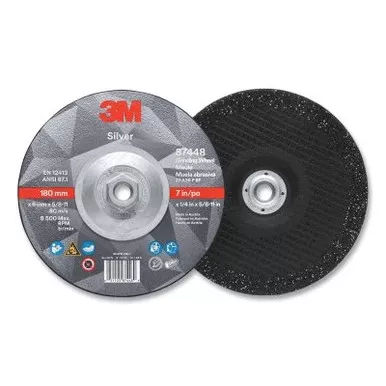 3M 7010412150 Silver Depressed Center Grinding Wheel, 7 in dia, 1/4 in, 5/8 in-11 Arbor Thread, 36 Grit, Precision Shaped Ceramic