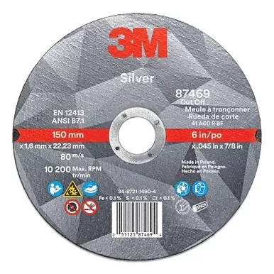 3M 7010412152 Silver Cut-Off Wheel, Precision Shaped Ceramic, T1, 6 in dia x 7/8 in dia Arbor x 0.045 in Thick, 36+, 10200 RPM