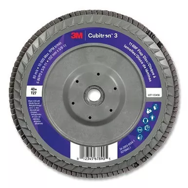 3M 7100380317 Cubitron 3 Flap Disc 1169F, 6 in dia x 5/8-11, T27 Flat Quick Change, 40+, 10000 RPM