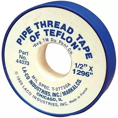 PTFE Pipe Thread Tape, 1/2 in x 520 in, 3 mil, White 434-44072